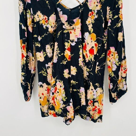 Billabong Size Large Black Secret Moons Long Sleeve Floral Boho Romper - Picture 11 of 12